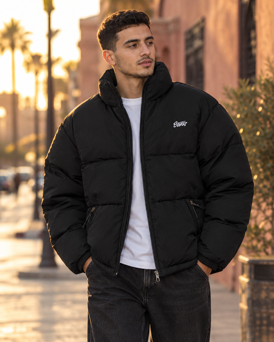 Puffer oversize noir homme porté, col montant – Stylesme