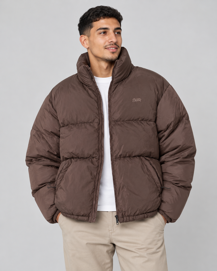Puffer oversize marron homme porté – Stylesme