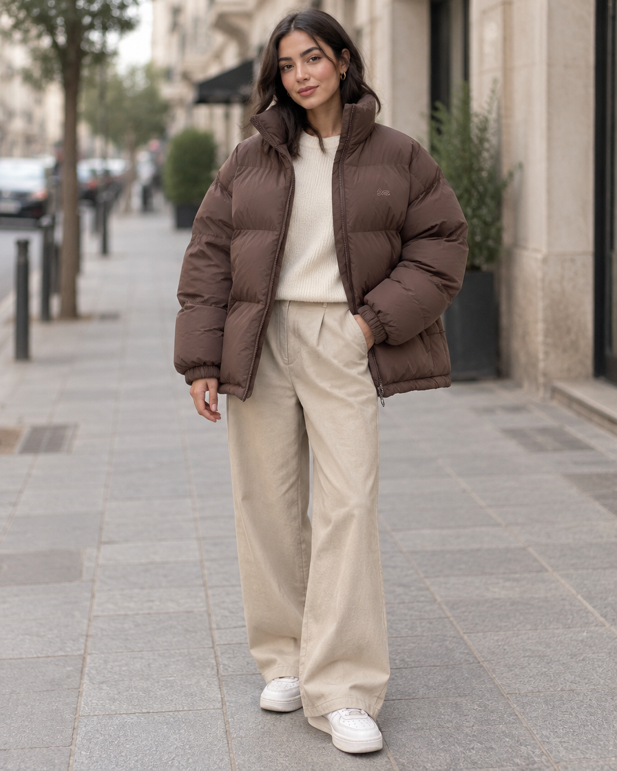 Puffer oversize marron femme porté zip ouvert en ville – Stylesme