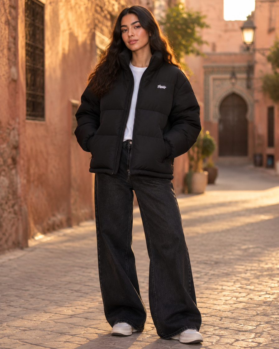 Puffer oversize noir femme porté, col montant – Stylesme