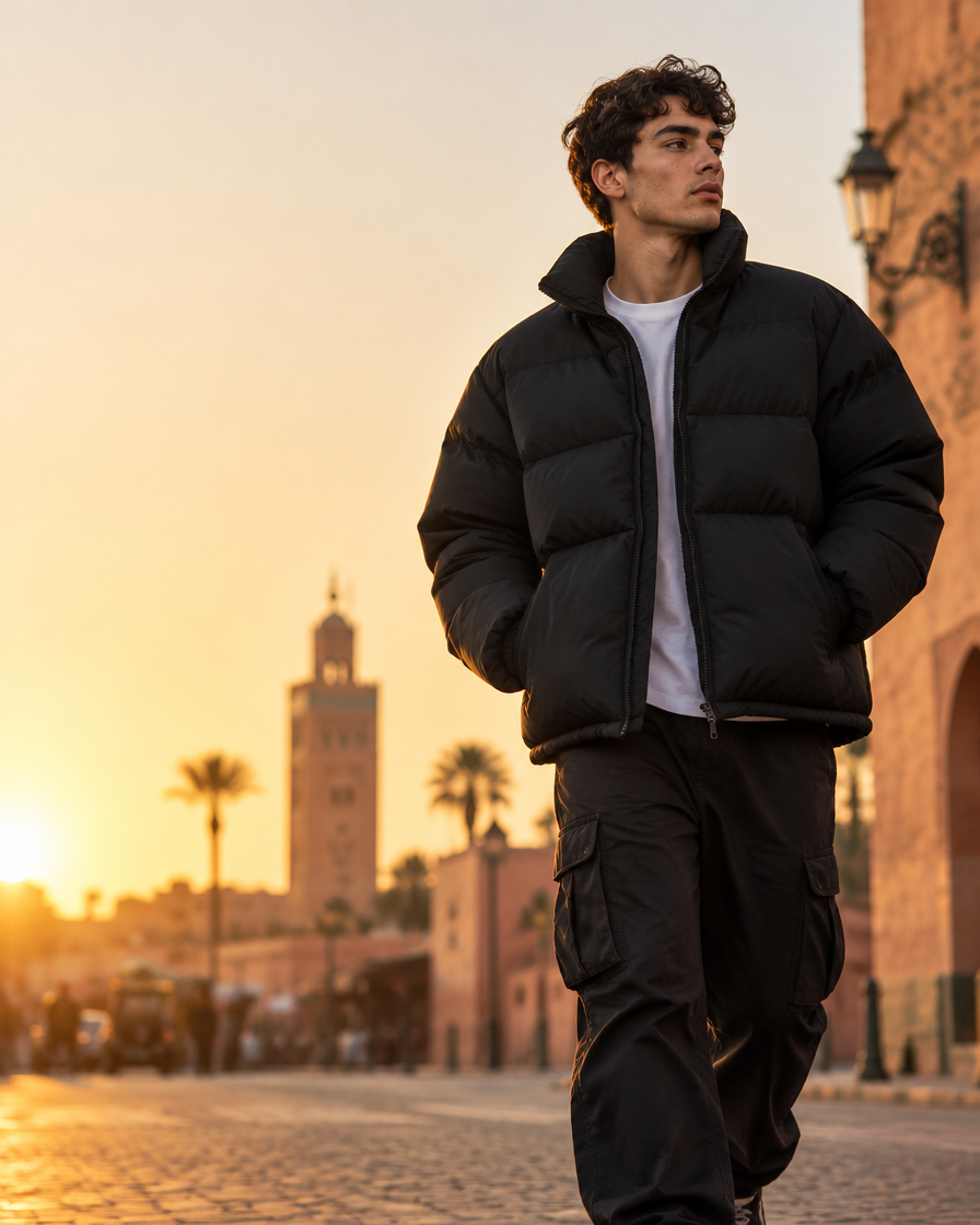 Homme portant un puffer oversize noir à Marrakech au coucher du soleil – Stylesme